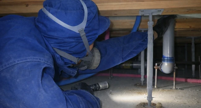 有資格者が床下を無料点検し、シロアリ被害と侵入リスクを確認（鹿児島）