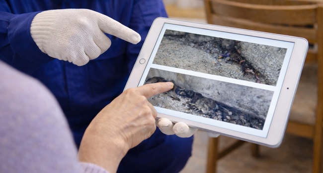 鹿児島の害虫駆除｜点検写真をタブレットで見せながら施工内容を説明する南日本消毒