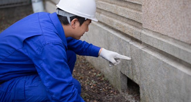 鹿児島の害虫駆除｜南日本消毒のスタッフが基礎まわりの侵入経路を点検する様子