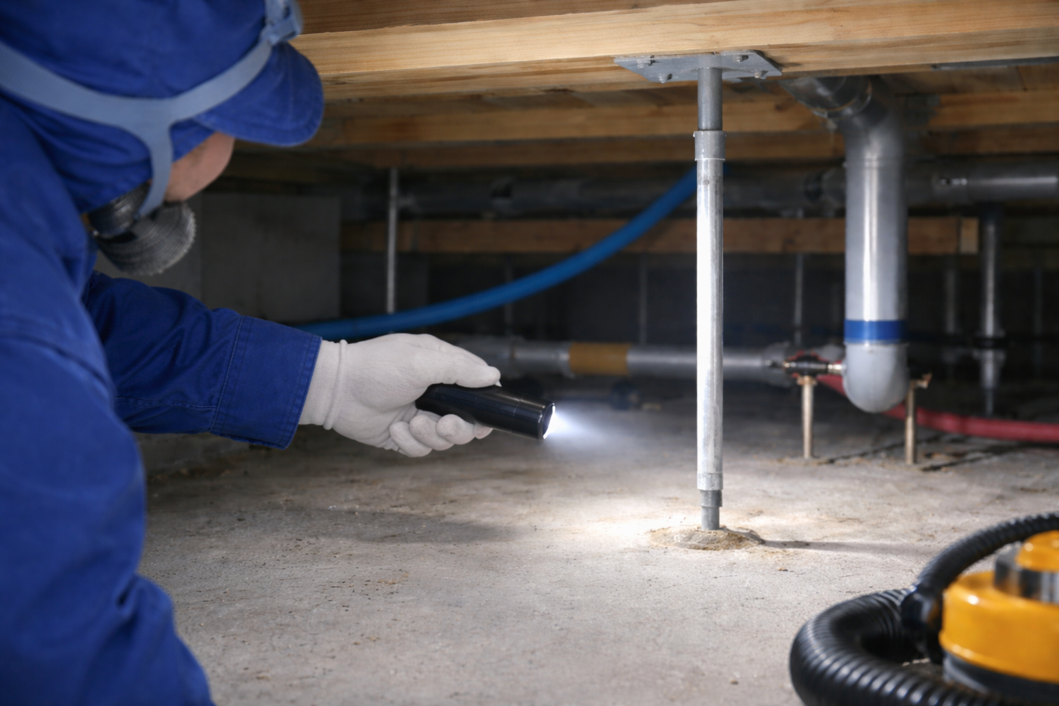 南日本消毒のスタッフが鹿児島の住宅床下でライトを使ってシロアリ被害や害虫侵入の点検を行う様子