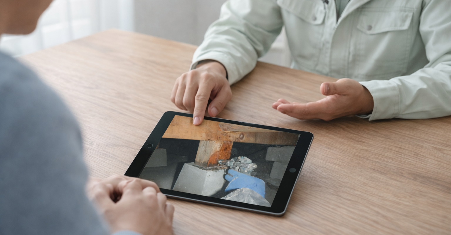 南日本消毒の施工後案内｜床下写真をiPadで説明している相談シーンの画像