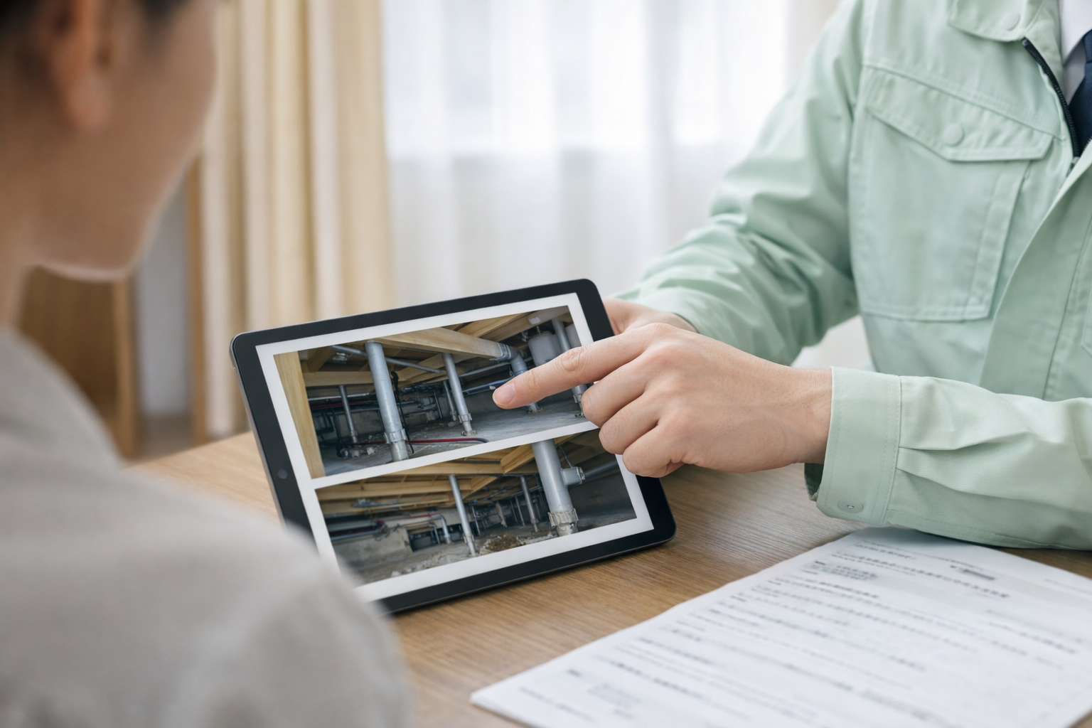 南日本消毒のスタッフがiPadで床下点検写真を見せながら料金や保証内容を説明している様子