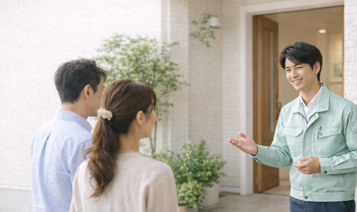 ご自宅前で無料点検の案内をする南日本消毒スタッフ