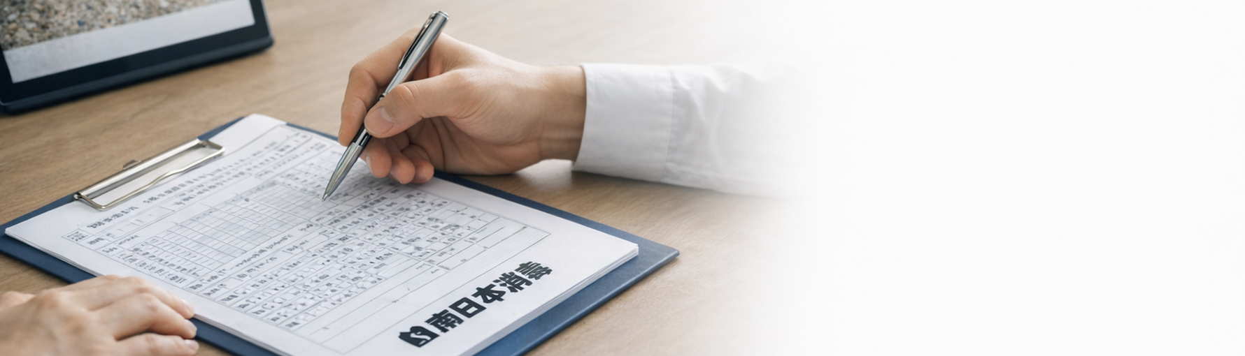 南日本消毒の料金・保証案内｜見積書を説明する相談シーンのヘッダー画像