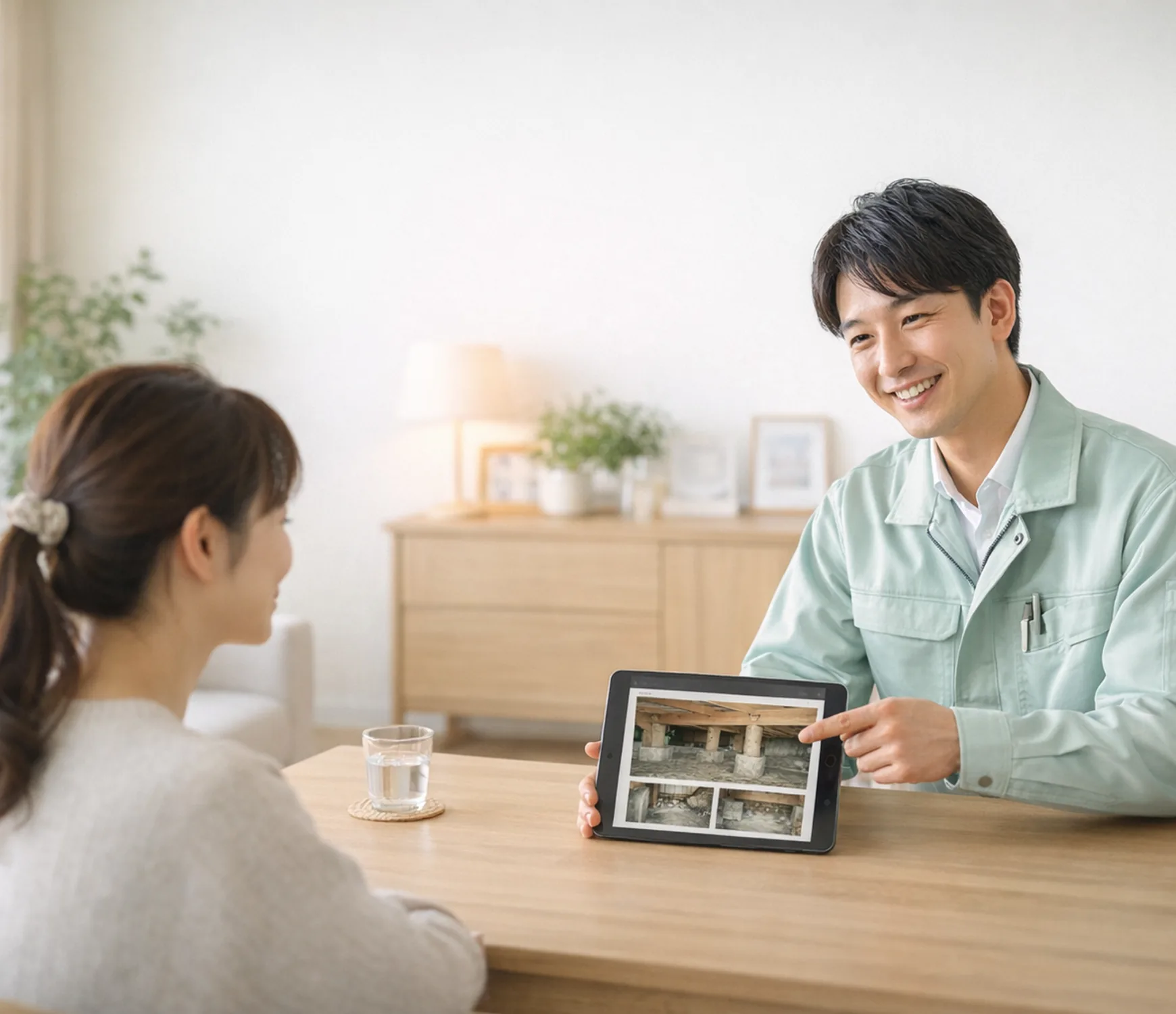 鹿児島の南日本消毒スタッフがiPadで床下点検写真を見せながらシロアリ駆除や害虫駆除の無料相談に対応している様子