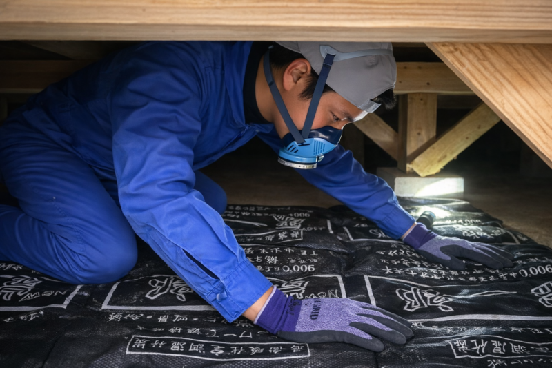 南日本消毒のスタッフが床下で調湿材を施工している様子