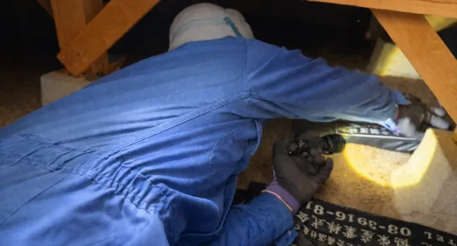 南日本消毒のスタッフが床下内部の状態を確認している様子