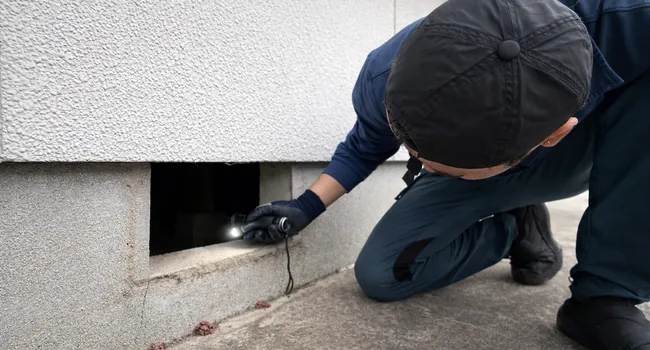 南日本消毒のスタッフが床下通気口から床下の状態を確認している様子