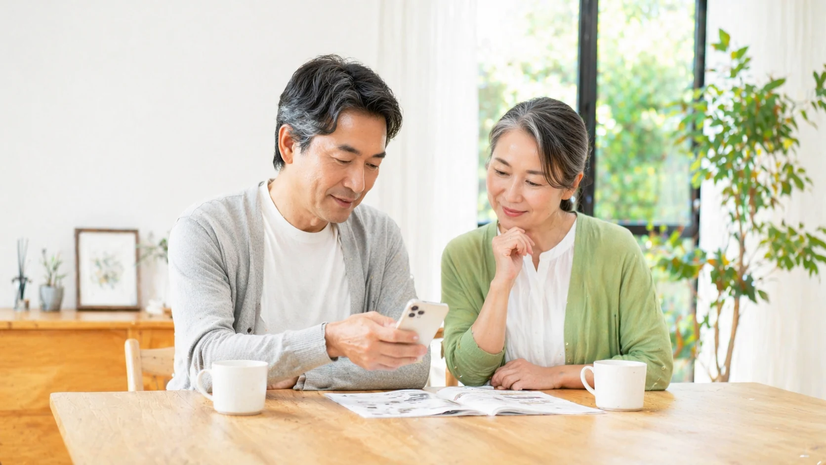 高齢の夫婦が住宅のダイニングでスマートフォンや資料を見ながらシロアリ対策を相談するイメージ