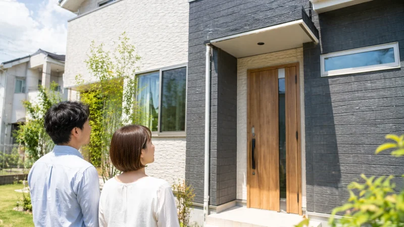 戸建て住宅の外観を見ながらシロアリ予防と住まいの点検を考える夫婦のイメージ