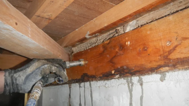 床下の木部にシロアリ駆除の薬剤処理を行っている施工写真