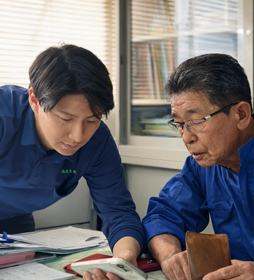 南日本消毒のスタッフが事務所で相談内容を確認している様子