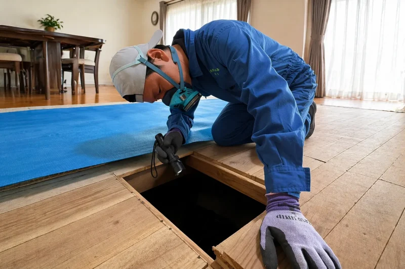 床下点検を行う南日本消毒のスタッフ｜シロアリ被害や床下環境を確認する無料点検の様子