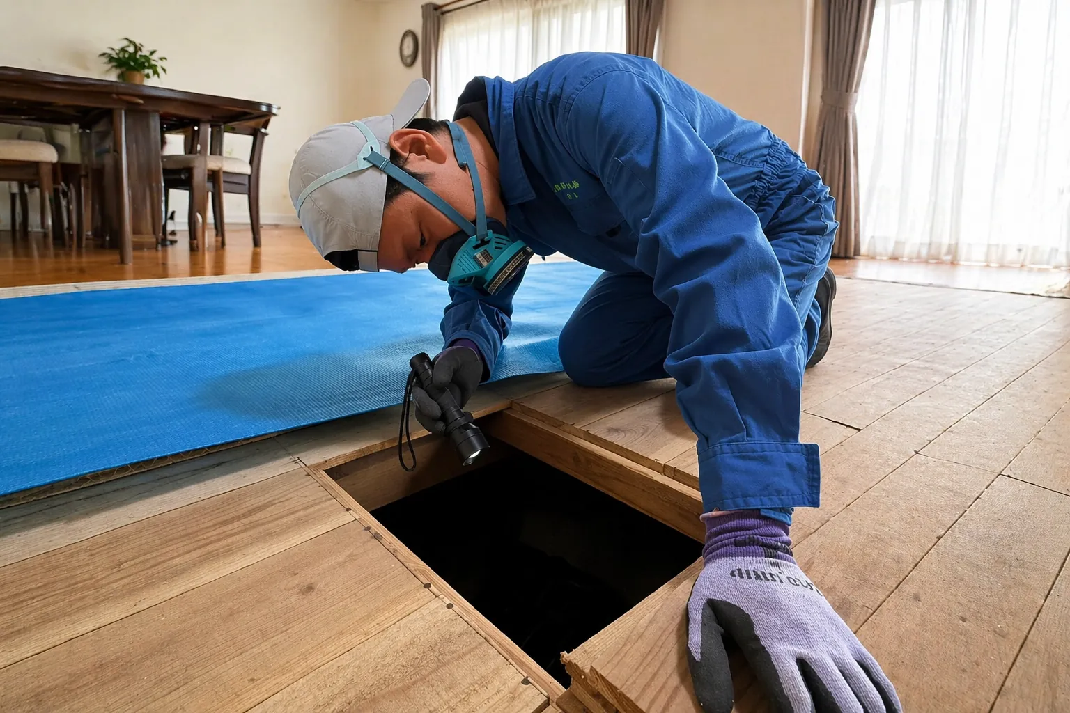 床下点検を行う南日本消毒のスタッフ｜シロアリ被害や床下環境を確認する無料点検の様子