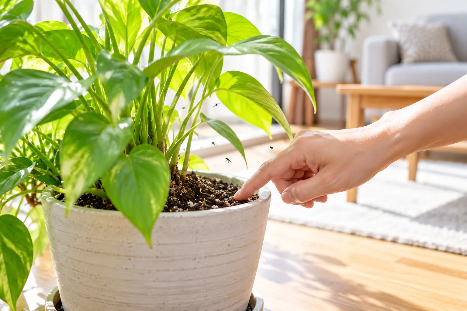 小さなハエが飛ぶ観葉植物の鉢と土を確認している様子