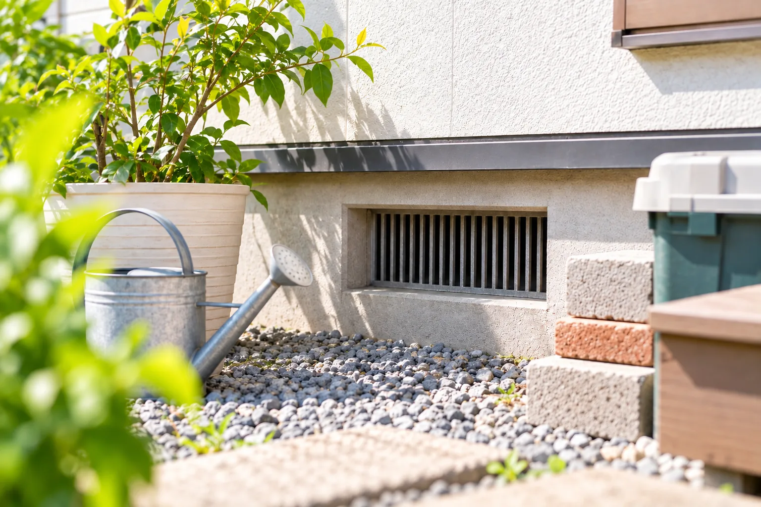 住宅の床下換気口と周辺に置かれた植木鉢や収納用品