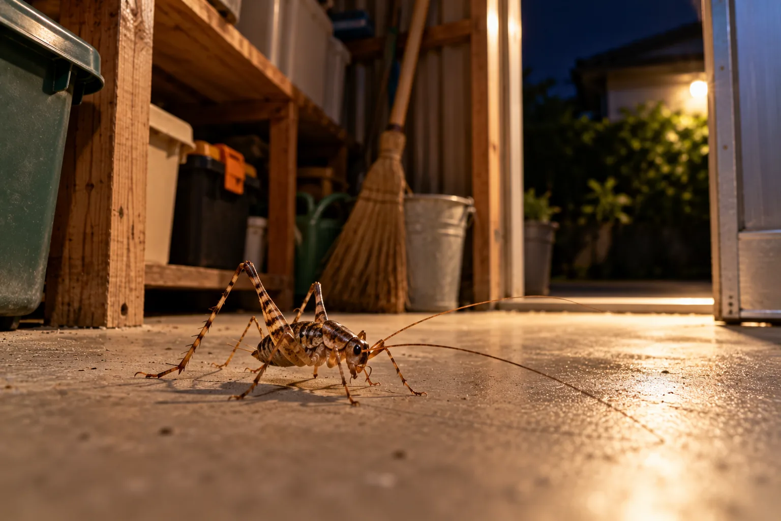 夜の住宅の物置で見つけたカマドウマのイメージ