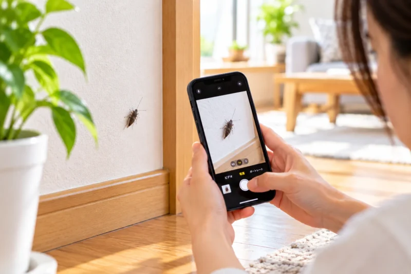家の中で見つけた名前の分からない虫をスマートフォンで撮影する様子