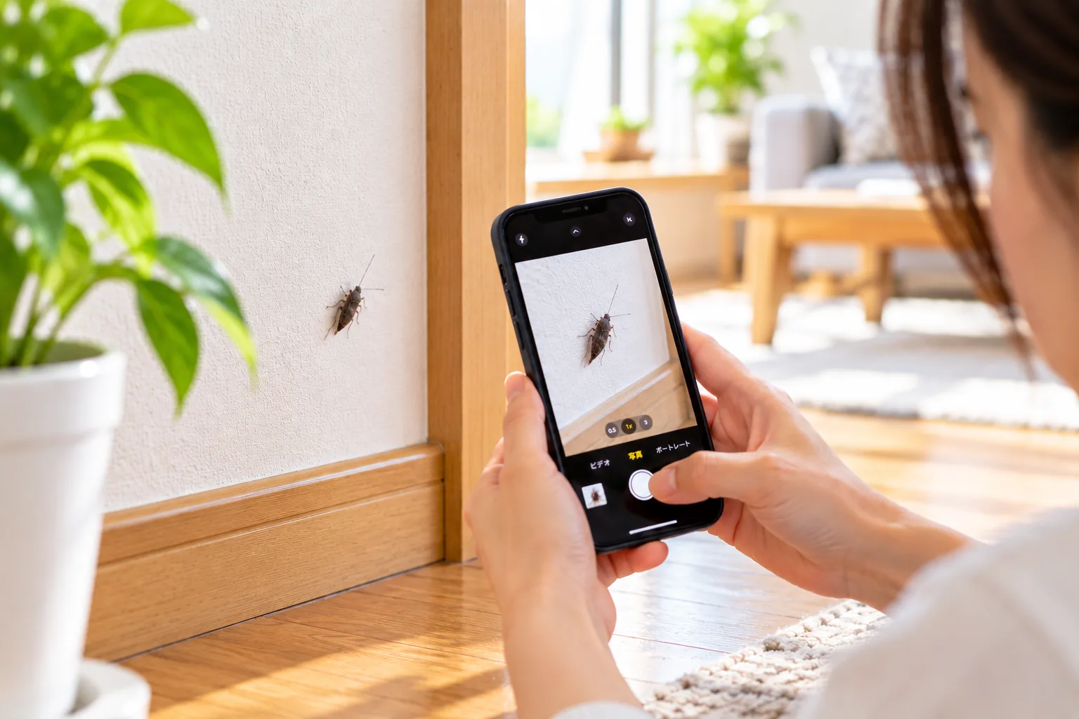 家の中で見つけた名前の分からない虫をスマートフォンで撮影する様子