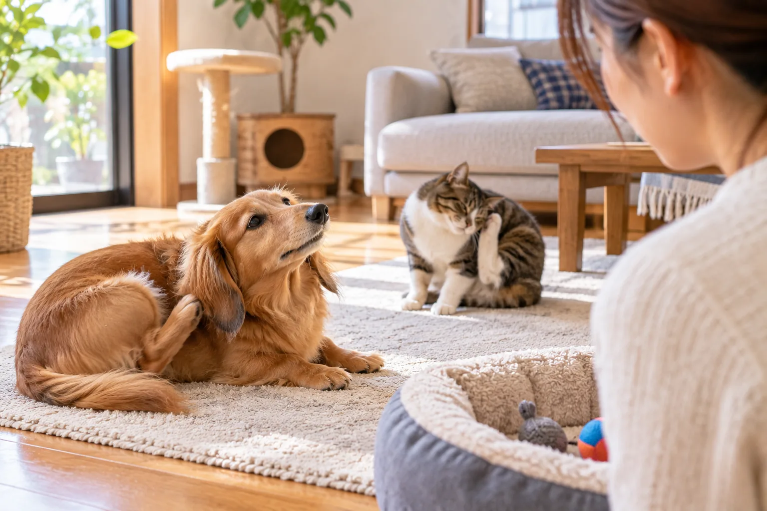 室内で体をかく犬と猫の様子を確認する飼い主